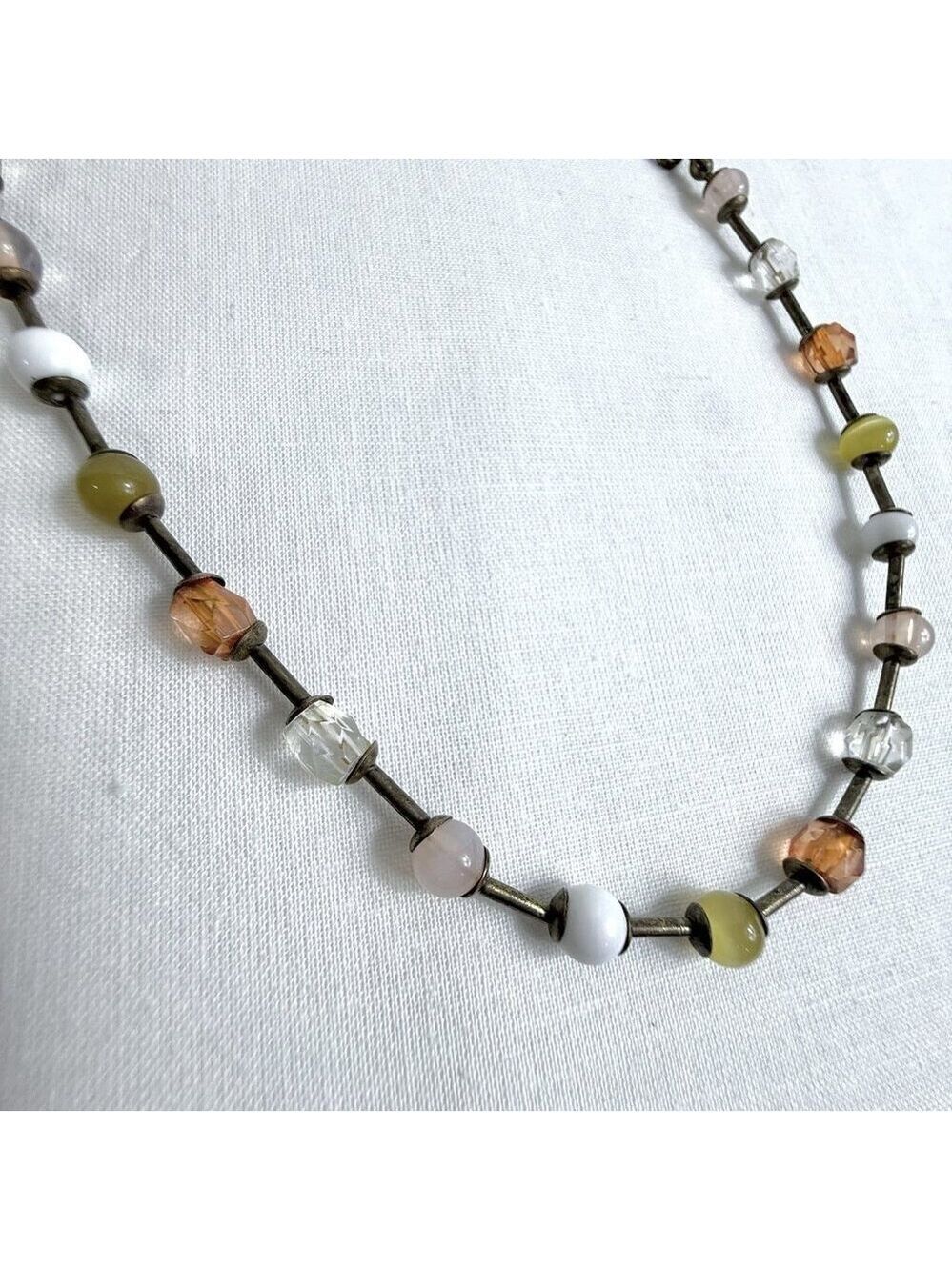 Vintage FI Glass Bead Necklace Amber White Cat Eye
